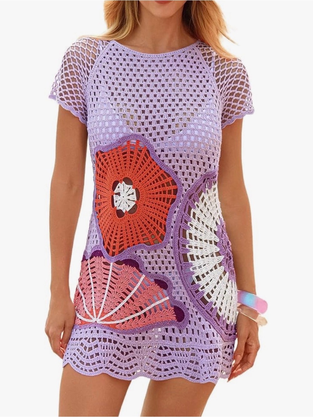 Lilac Crochet Swim Cover-Up Dress with Multicolor Motifs